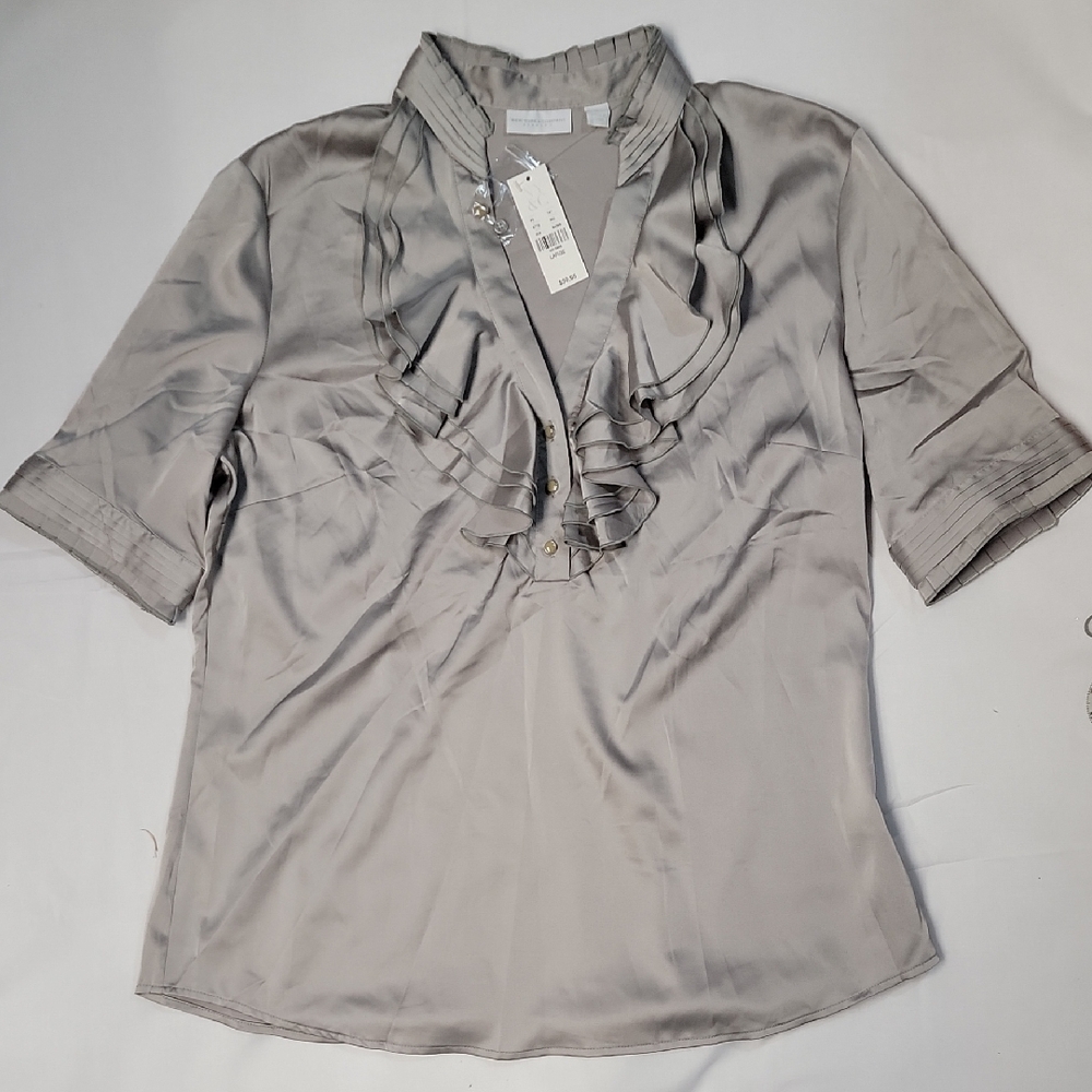 NWT New York & Company Silver Blouse with Ruffled Neckline